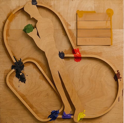 פנחס כהן-גן - אמנות ושפה, אקריל ופיסות עץ על עץ, 1997, גלריה גבעון תל-אביב