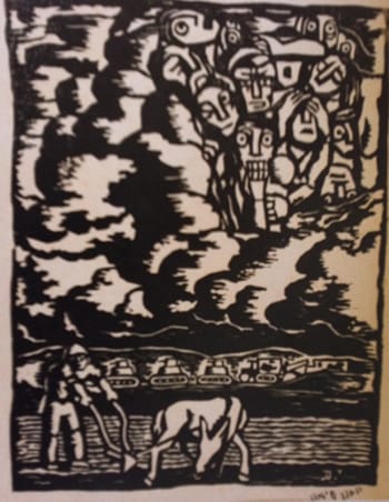 יוחנן סימון - חריש בימינו אלה, 1943, חיתוך לינוליאום, 21/17 ס"מ. אוסף גדעון עפרת