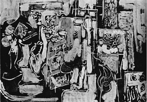 יוסף זריצקי, "תפנים חדר", 1947–1948, שמן על בד. העבודה הוצגה בתערוכת אופקים-חדשים, מוזיאון תל-אביב, 1948. רפרודוקציה בספרה של גילה בלס "אופקים חדשים", 1980. התמונה מופיעה בספר של מישורי בעמ' 161.