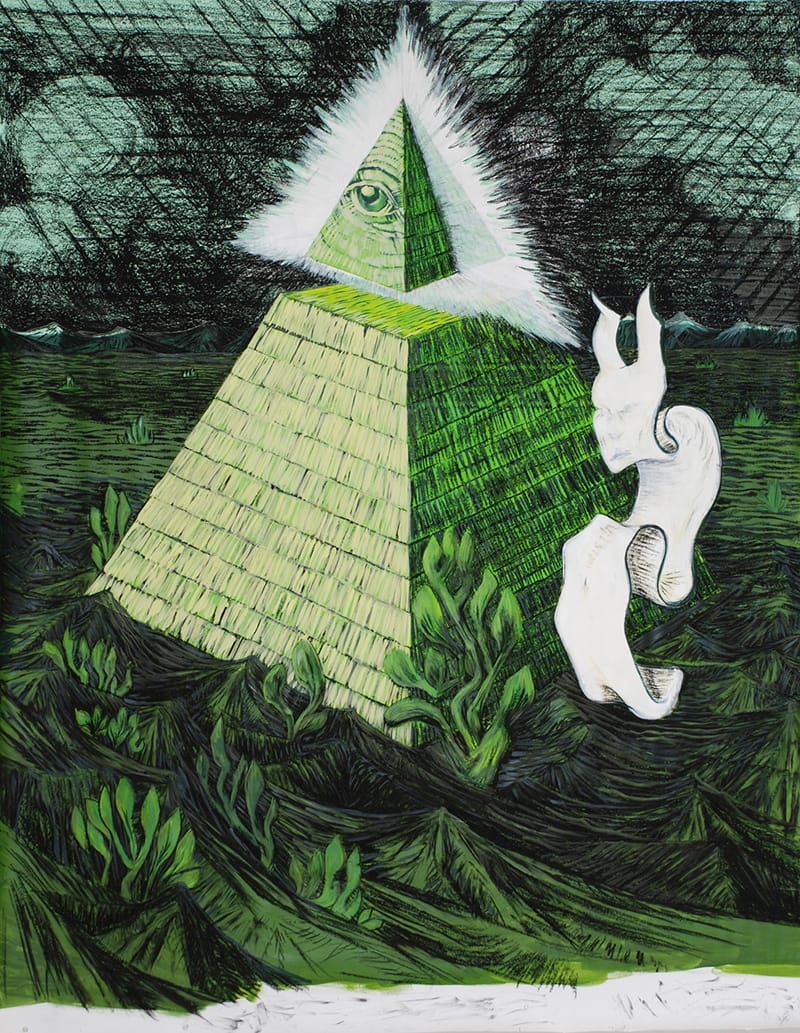מיכל הלפמן, "פירמידת דולר", אקריליק, שמן ופסטל על נייר. 2011
