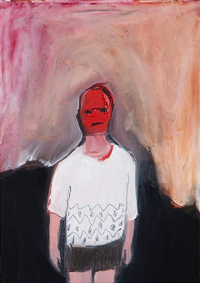יערה אורן, "מסכה אדומה", 2013, שמן, פנדה ועיפרון על נייר