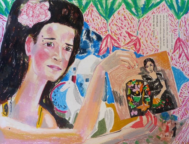 גליה פסטרנק, 2014, "דיוקן הציירת טליה רז". פסטלים ודיו על נייר, 48x62 ס"מ