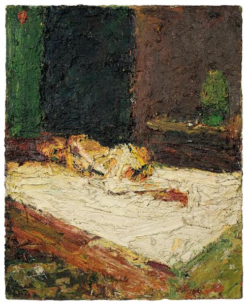 Frank Auerbach E.O.W., Nude on Bed, 1959. Oil paint on board, 775 x 610 mm. Private collection, courtesy of Richard Nagy Ltd, London © Frank Auerbach, courtesy Marlborough Fine Art 