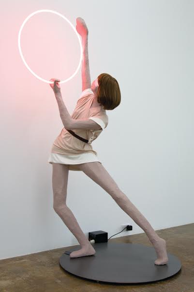 Mai-Thu Perret, Apocalypse Ballet (Pink Ring), 2006, steel, wire, papier-mache, emulsion paint, varnish, gouache, wig, fluorescent tube, viscose dress, leather belt