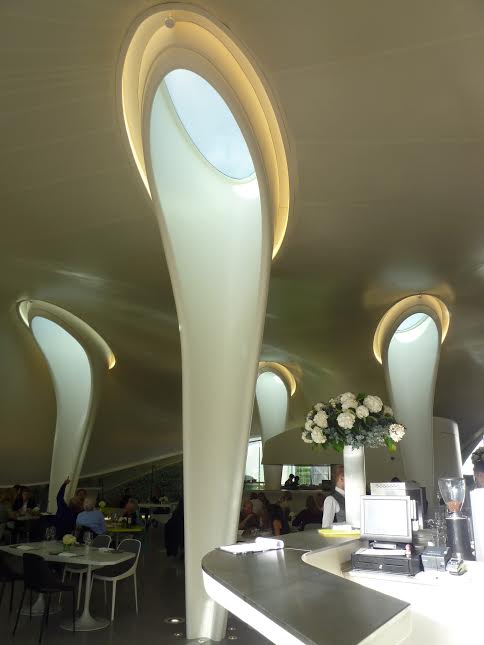 Internal view of The Magazine Restaurant at the Serpentine Sackler Gallery with column system like an elegant female stiletto. deigned by Zaha Hadid Architects Kensington Gardens Photo: Ram Ahronov