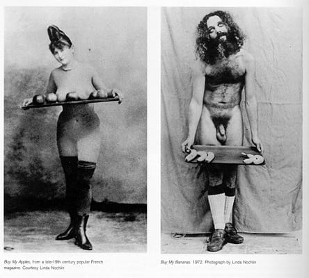 משמאל: קנו את התפוחים שלי (צילום ממגזין צרפתי פופולרי מסוף המאה ה-19). ימין: לינדה נוכלין, קנו את הבננות שלי, 1972